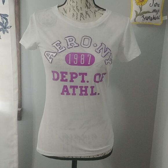 Aeropostale White Crew Neck Cap Sleeve Top with Purple/Silver lettering M - Picture 1 of 9